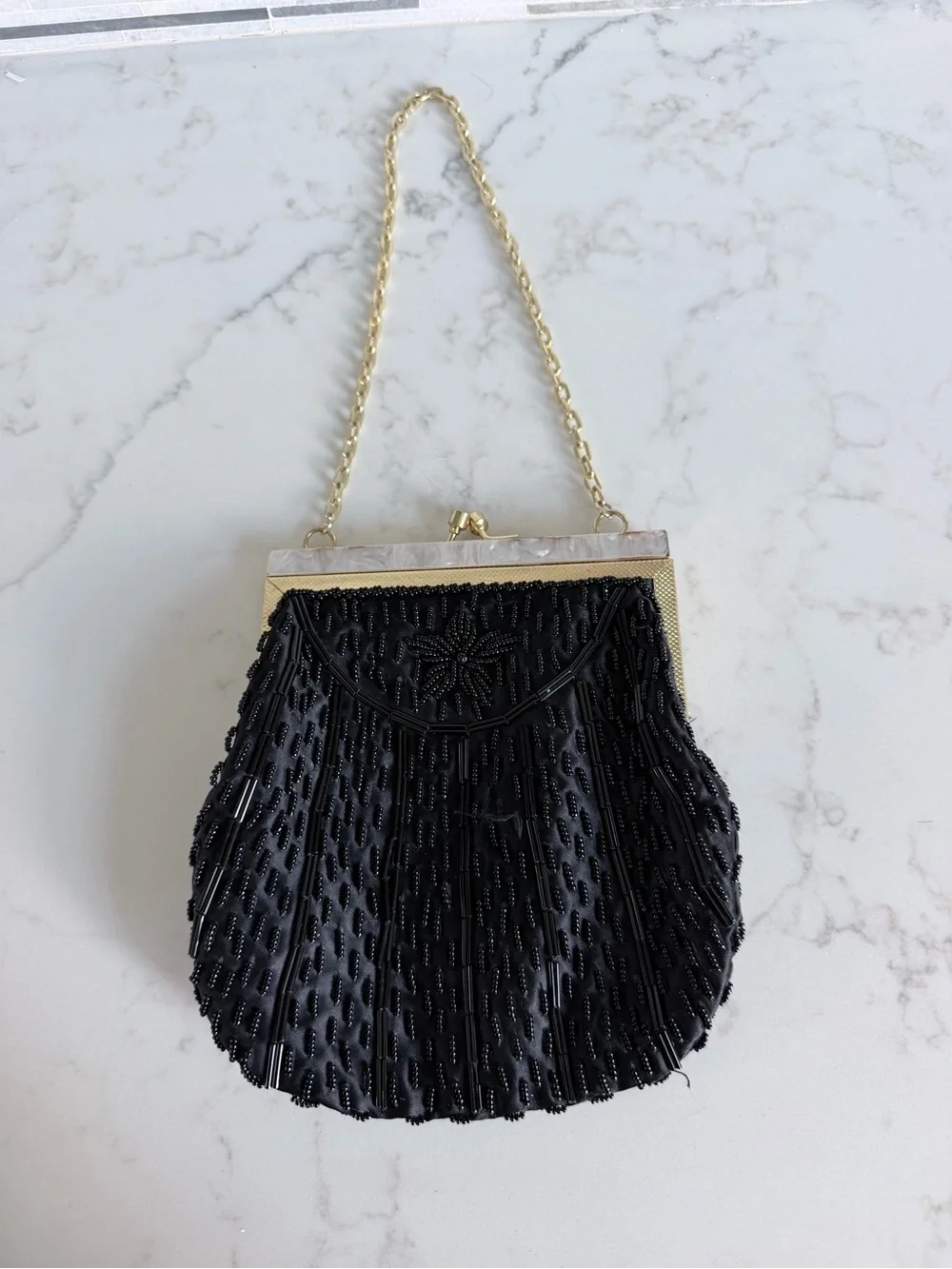 Vintage 1980’s Black Beaded Evening Shell Bag with Gold Chain and hinging clasp